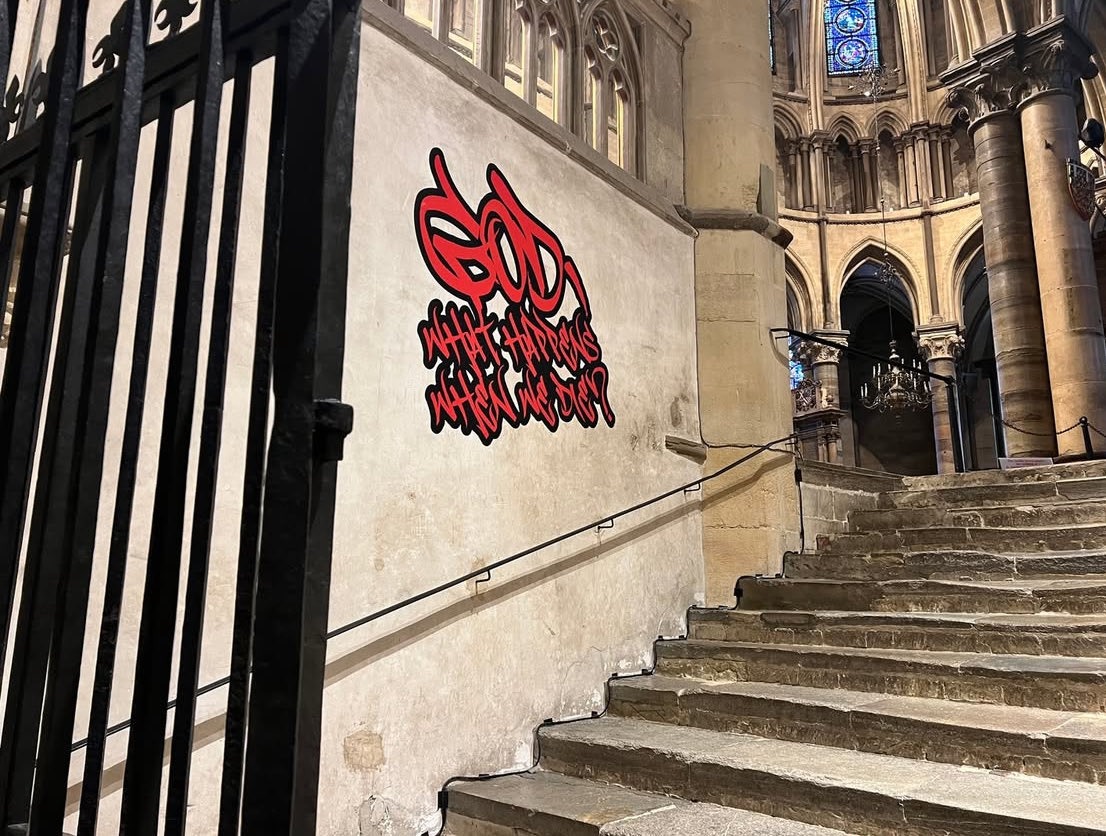 KevinInChrist's tweet image. The message is brave. I suspect they are stickers and not actual 'graffiti' - temporary and easily removed.

Is it an unbecoming stunt or genius marketing? 

Either way, the Lord is waiting for YOU.

#canterburycathederal #churchgraffitti #cometochurch #modernchristianity
