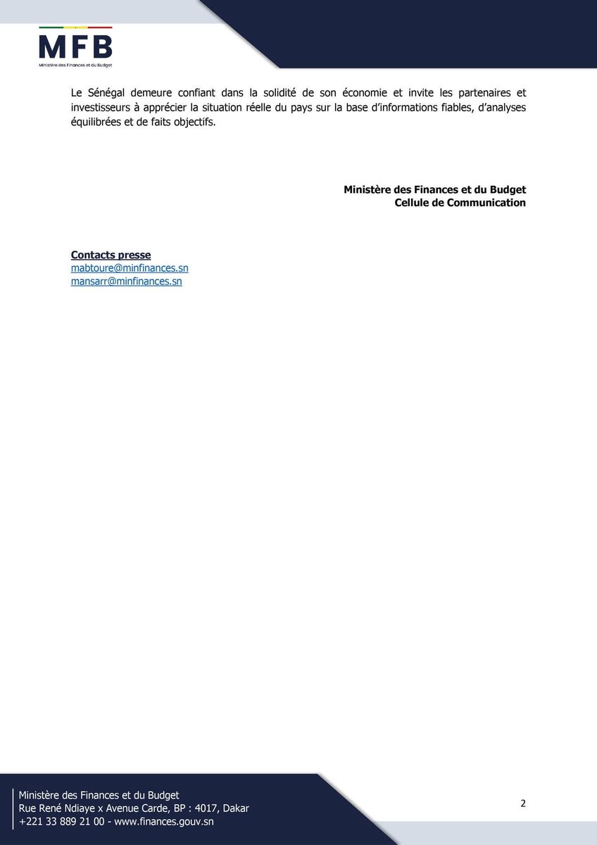 Je salue la clarté et la fermeté du communiqué du Ministère des Finances et du Budget face à la décision injustifiée de l’agence Moody’s d’abaisser la note souveraine du Sénégal.

Ce déclassement est non seulement infondé sur le plan économique, mais aussi suspect dans son timing