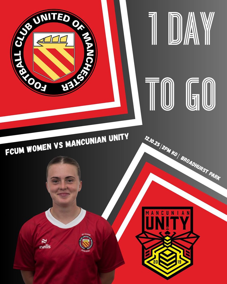 FCUnitedWomen's tweet image. ⏰ 1 day to go!

FC United Women are back in action tomorrow as we host Mancunian Unity at Broadhurst Park.

📅 Saturday 12th October 2025
🕒 2PM Kick-Off
📍 Broadhurst Park

Come down and show your support!🔴⚫

#fcumw
🔴⚪️⚫️