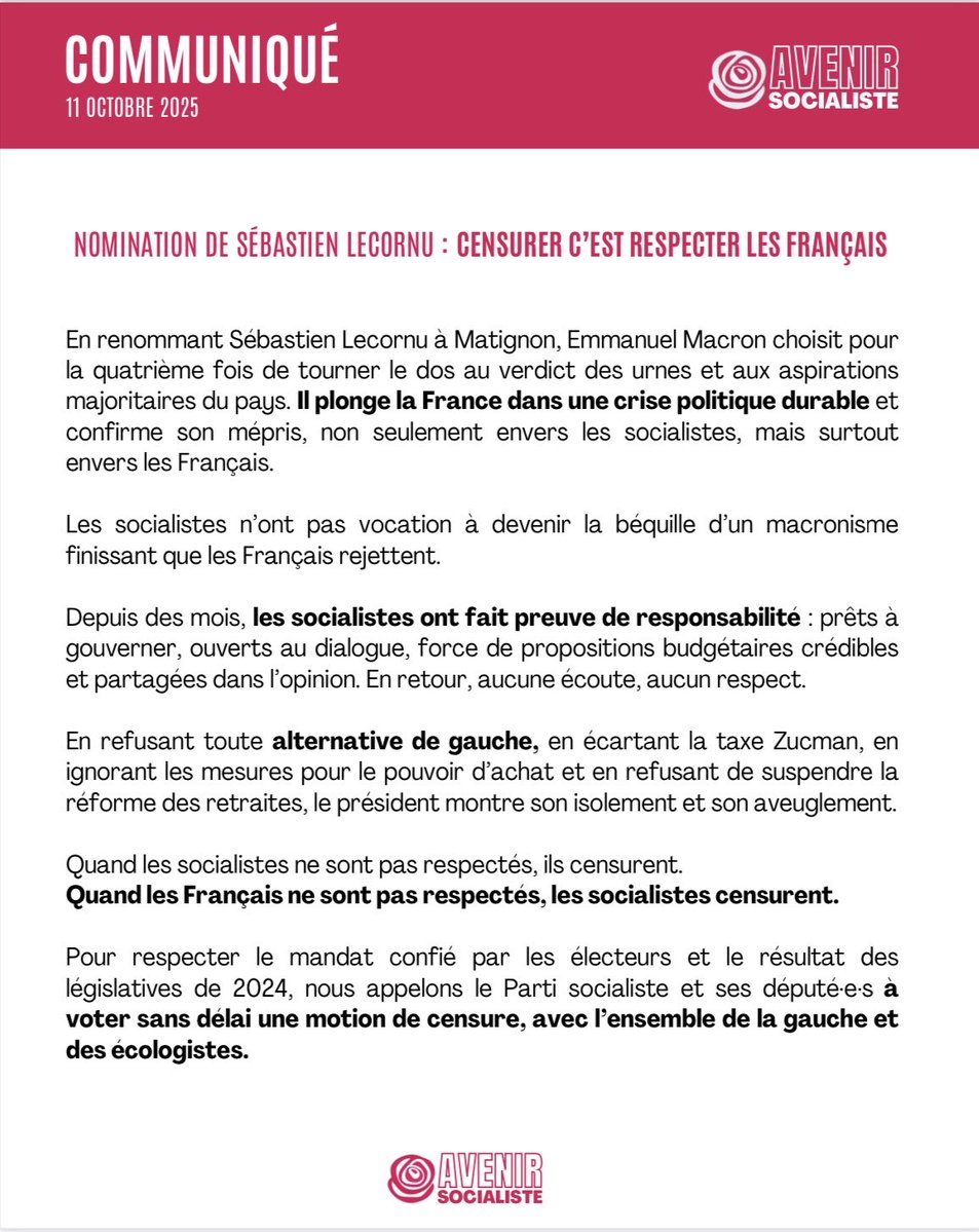 Avenir socialiste (@av_socialiste) on Twitter photo « Nomination de Sébastien Lecornu : censurer c’est respecter les Français »
Retrouvez notre communiqué ⤵️ « Nomination de Sébastien Lecornu : censurer c’est respecter les Français »
Retrouvez notre communiqué ⤵️