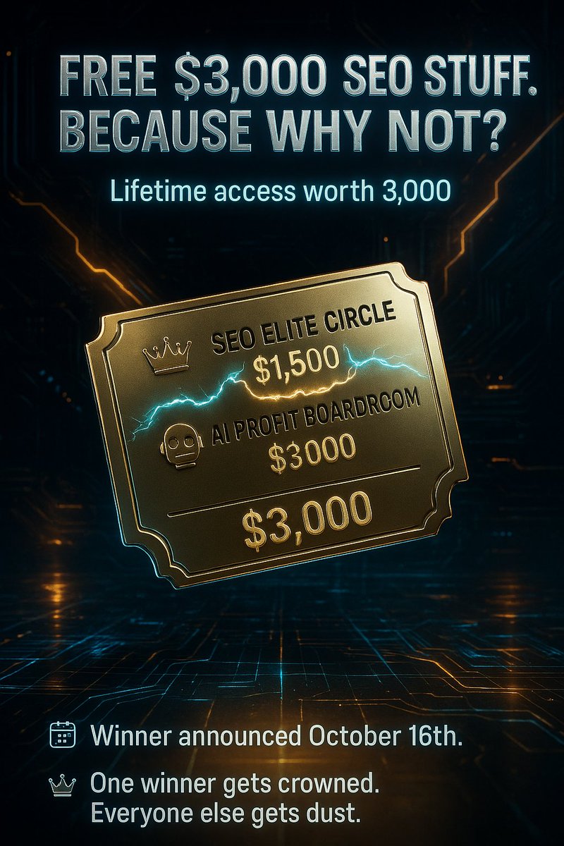 FREE $3,000 SEO STUFF. BECAUSE WHY NOT?

Here’s what’s up for grabs:

👑 SEO Elite Circle — $1,500 value
🤖 AI Profit Boardroom — $1,500 value

💰 Total prize: $3,000 in lifetime access.

🚀 HOW TO JOIN:
1️⃣ ❤️ Like this post (mandatory, not a suggestion).
2️⃣ 🔁 Retweet it (the