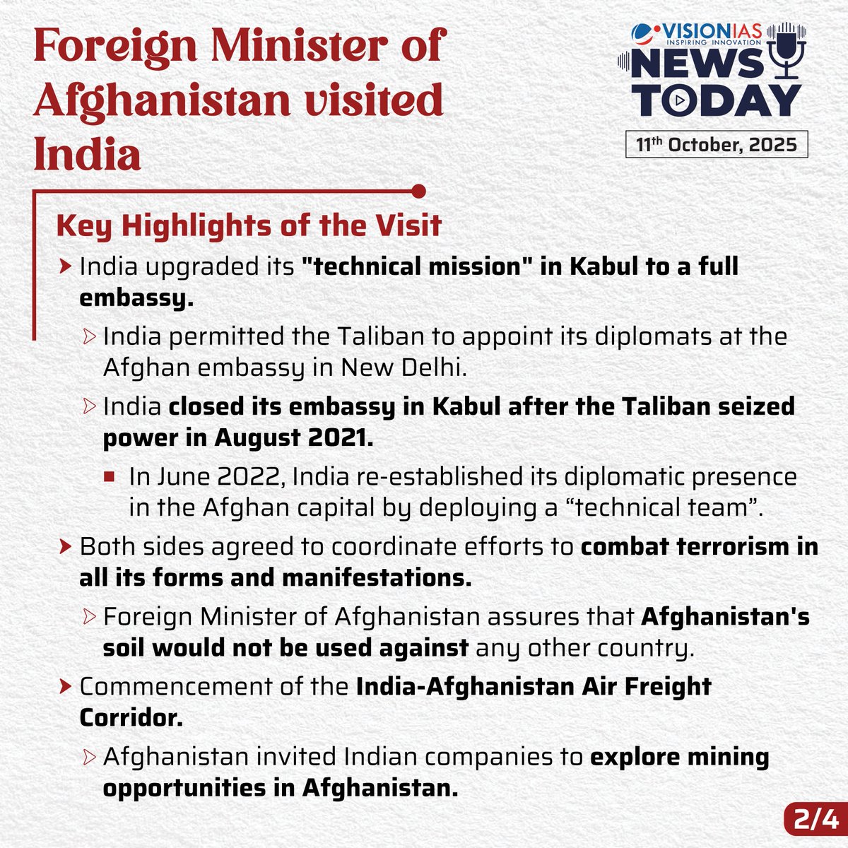 Vision_IAS's tweet image. News Today | 11th Oct 2025
Foreign Minister of Afghanistan visited India
#VisionIAS #NewsToday #DailyCurrentAffairs #VisionIAS #NewsToday #DailyCurrentAffairs
Read Complete News At: visionias.in/current-affair…
Watch the News Bulletin at: youtube.com/playlist?list=…