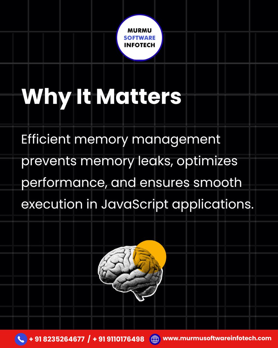 MurmuSoftware's tweet image. Optimize JavaScript Memory Like a Pro

Ever faced slow performance or app crashes
It’s time to master JavaScript Memory Management — from allocation

📧 contactus@murmusoftwareinfotech.com
🌐 murmusoftwareinfotech.com

#CodingLeo #JavaScriptTips #WebPerformance #MemoryManagement