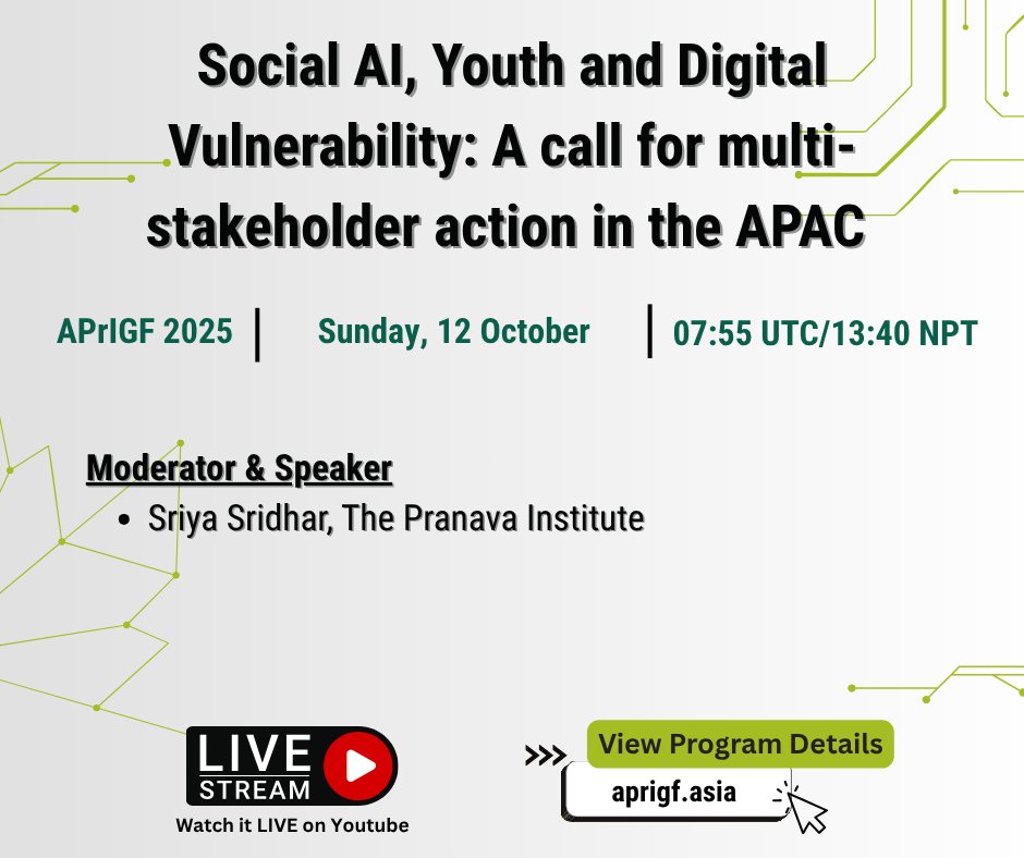 aprigf_official's tweet image. APrIGF 2025 Day 1 starts tomorrow, 12 October 2025!
Watch and join these sessions LIVE on APrIGF Youtube channel: youtube.com/@aprigfofficia…
See you tomorrow!
#APrIGF2025 #InternetGovernance #VirtualConference
