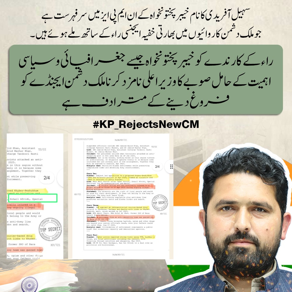 Ehsan_Rajputt's tweet image. سہیل آفریدی ان ایم پی ایز میں سب سے آگے ہے جن پر راء کے ساتھ روابط اور ملک دشمن سرگرمیوں کے الزامات ہیں۔ ایسے شخص کو خیبر پختونخوا جیسے حساس صوبے کا وزیر اعلیٰ بنانا پاکستان کے مفادات نہیں بلکہ دشمن کے ایجنڈے کو تقویت دینا ہے۔
#KP_RejectsNewCM