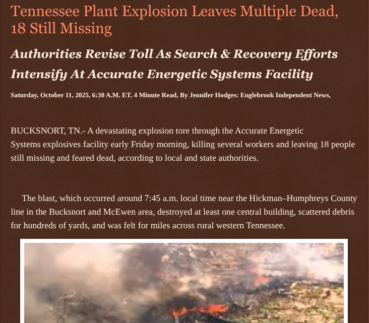 ArtFletcher9's tweet photo. Tennessee Plant Explosion Leaves Multiple Dead, 18 Still Missing https://t.co/xT2TCM77wH via @Englebrooknews #Tennessee #TennesseeExplosion #weapons #manufacturing #facility #fatal #investigation @wireless_step @HRG_Media @LodiNJNews @SugarMAGA @fordmb1 @SarahGeving1 @Shannon96574094 @Daytobehappy @janninereid1 @gator4kb18 @MichelleF_35 @TrumpWasRite @KathyKbrose @RobGerundo @JimBobW49