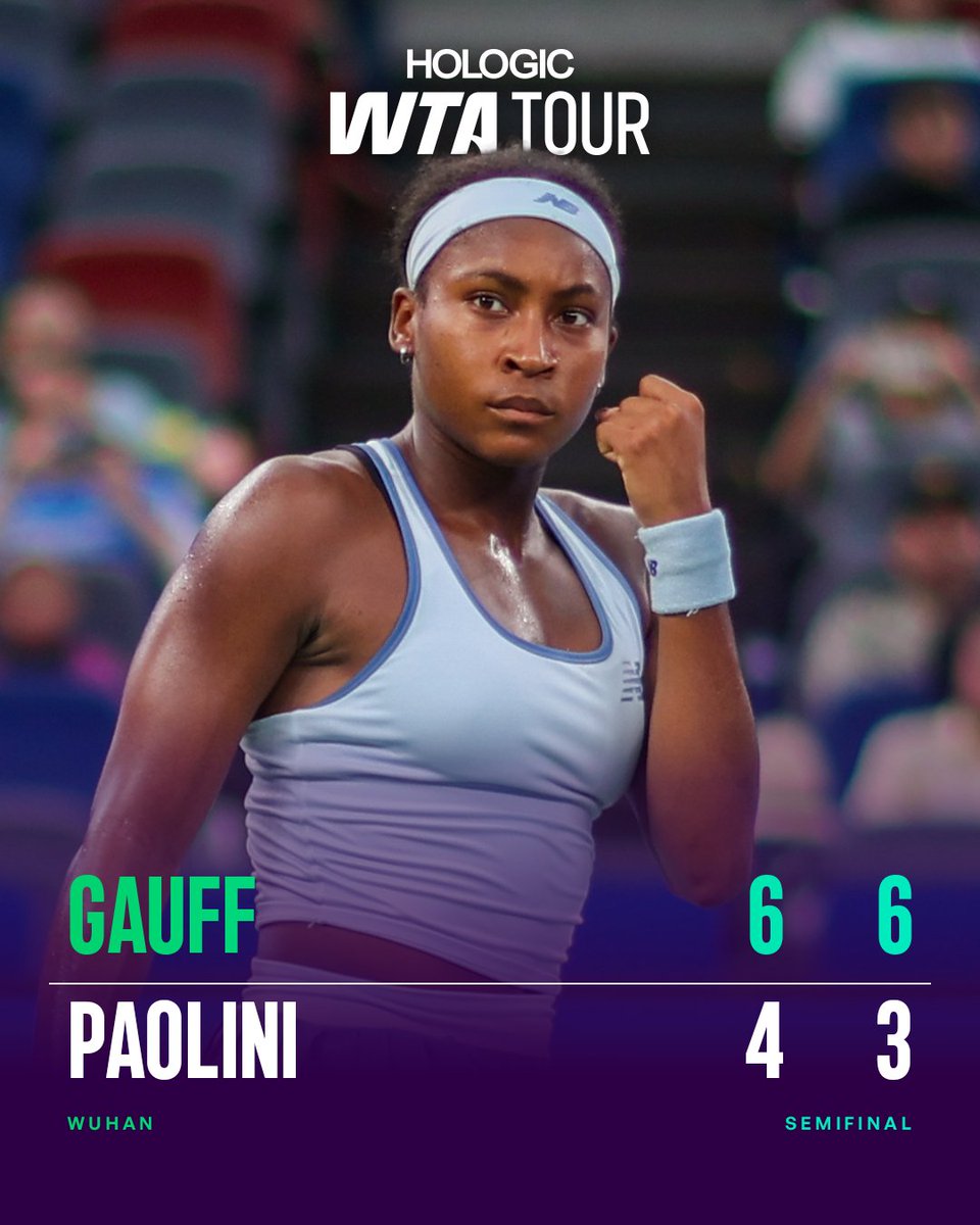 WTA's tweet image. COCO GETS IT DONE 🙌

@CocoGauff overcomes Paolini in straight sets to reach the final in Wuhan 👏

#WuhanOpen