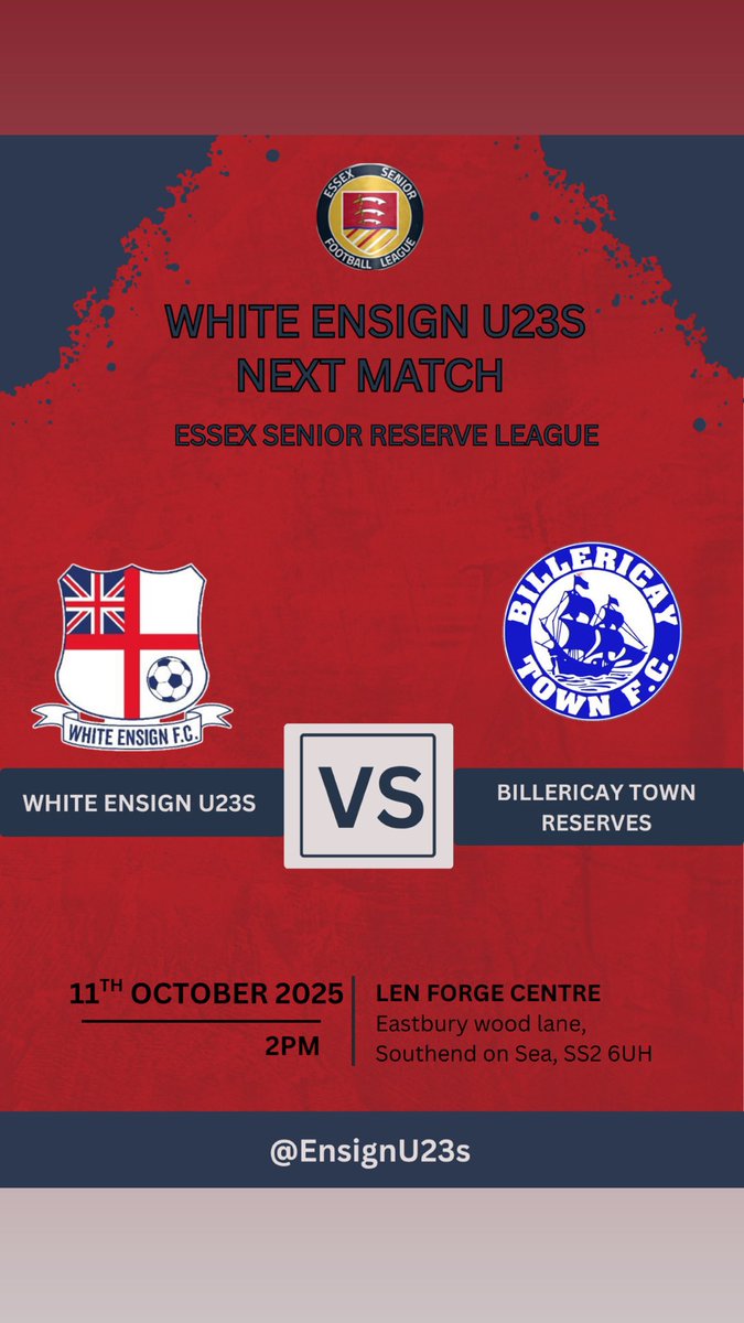 White Ensign U23s (@ensignu23s) on Twitter photo MATCH DAY!
๐ <a href="/BTFC/">Billericay Town FC</a> reserves
๐๏ธ Len Forge Centre
๐ Southend on Sea, SS2 6UH
๐๏ธ 11/10/25
โฐย 2PM
After another short break we are back at Len Forge looking to build on the win and fantastic team performance last time out. Come down and support the boys!
#UpTheEnsign MATCH DAY!
๐ <a href="/BTFC/">Billericay Town FC</a> reserves
๐๏ธ Len Forge Centre
๐ Southend on Sea, SS2 6UH
๐๏ธ 11/10/25
โฐย 2PM
After another short break we are back at Len Forge looking to build on the win and fantastic team performance last time out. Come down and support the boys!
#UpTheEnsign