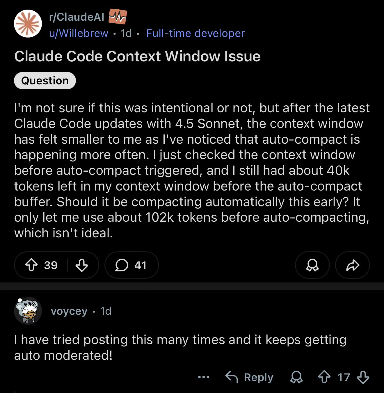 AI资讯:Reddit用户反馈Claude Code上下文窗口问题