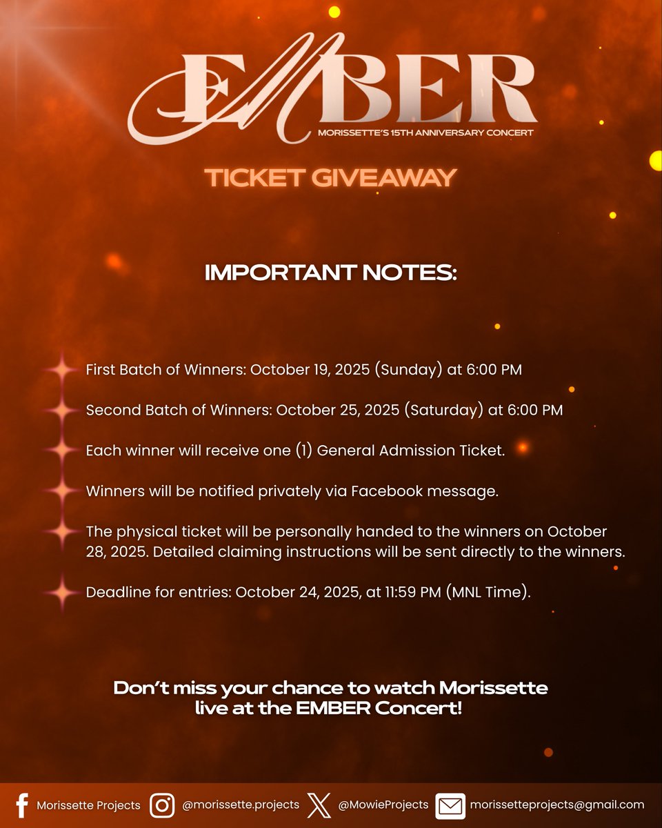 MowieProjects's tweet image. MORISSETTE “EMBER” CONCERT TICKET GIVEAWAY! ❤️‍🔥

Hey Morissette fans! We’re giving away Gen-Ad Tickets to the Ember concert! 🎟️

Don’t miss this chance to witness Asia’s Phoenix live on stage. 🎤

Check out the mechanics below to join.

Good luck, everyone — see you at the…