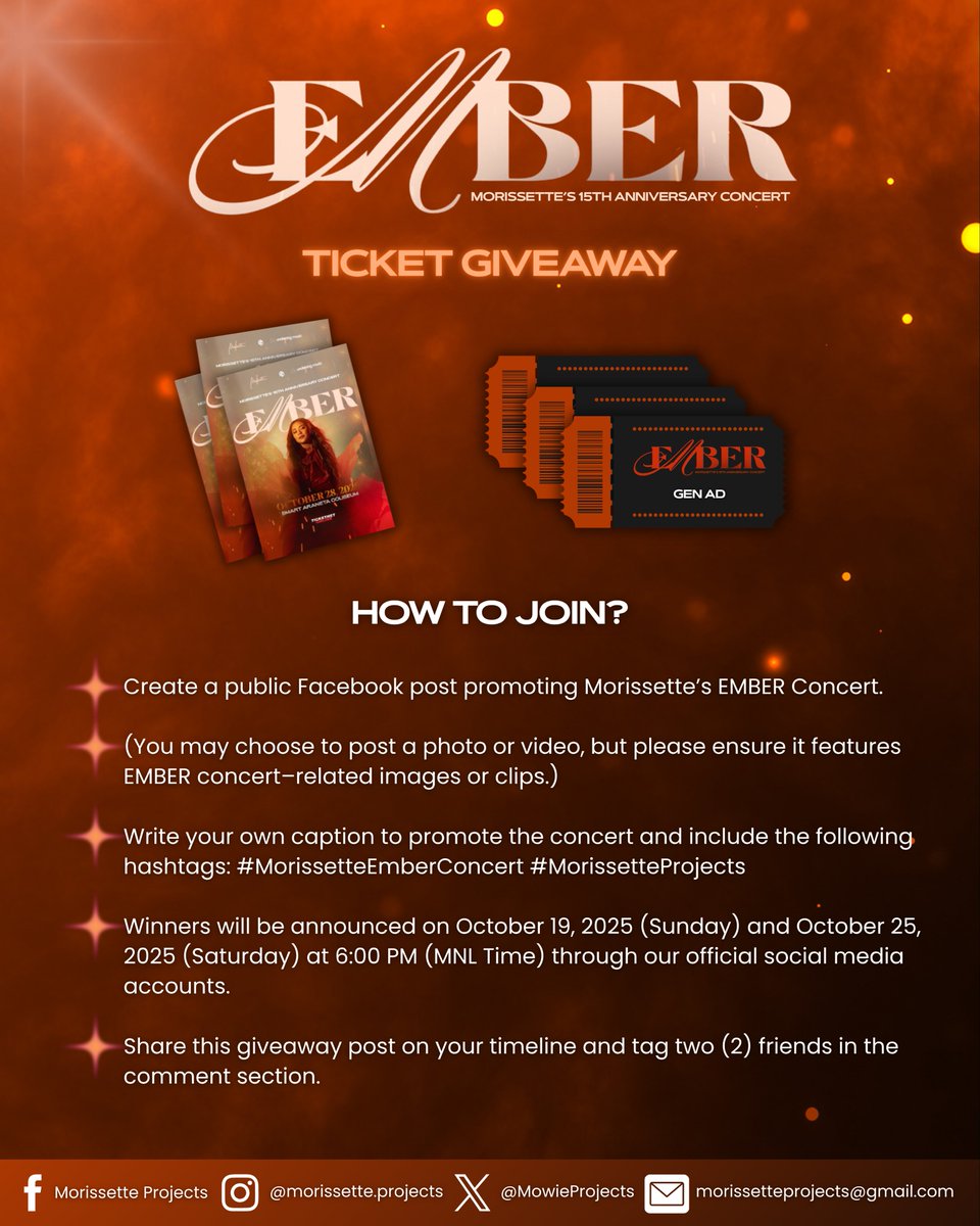 MowieProjects's tweet image. MORISSETTE “EMBER” CONCERT TICKET GIVEAWAY! ❤️‍🔥

Hey Morissette fans! We’re giving away Gen-Ad Tickets to the Ember concert! 🎟️

Don’t miss this chance to witness Asia’s Phoenix live on stage. 🎤

Check out the mechanics below to join.

Good luck, everyone — see you at the…