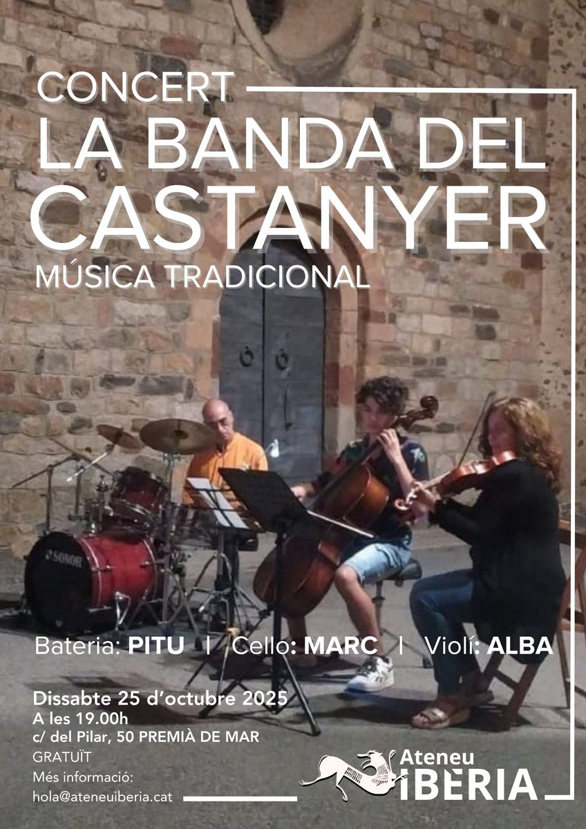 LA BANDA DEL CASTANYER
Música Tradicional

🗓 Dissabte 25 d'octubre 2025
🕖 a les 19.00h
📍al local de <a href="/cntpremia/">Sindicato de Premià</a> 
#PremiàdeMar
Entrada gratuita