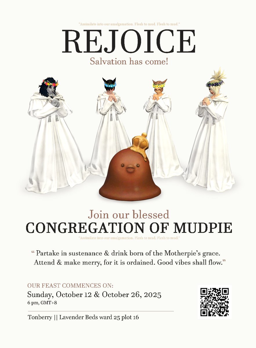 🍬Doth thine mind wander? Pray, seek succor and warmth, within the embrace of Mudpie🎃

👻Attend our congregation, 12/10/2025 6pm GMT+8 TB LB W25 P16 🌓

(There will still be booze)
#FF14 #FF14SS #ElementalDC #HighNSaloon #HousingEden #FFXIVHousing #GPOSERS