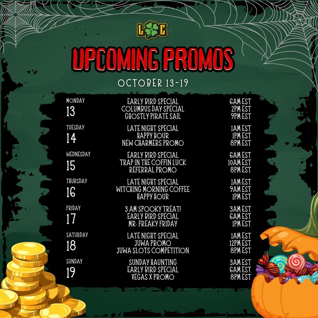Lucky_Charmers_'s tweet image. 🎃✨ Get ready, Charmers! It’s a spooktacular week ahead 👻
From October 13–19, we’re bringing you nonstop thrills and hauntingly good promos💀💰
Don’t miss your shot at LUCK

#WeeklyPromos #LuckyCharmers #GameTime #WinBig #OnlineGaming #BonusDeals #SpookySeason #HauntedLuck