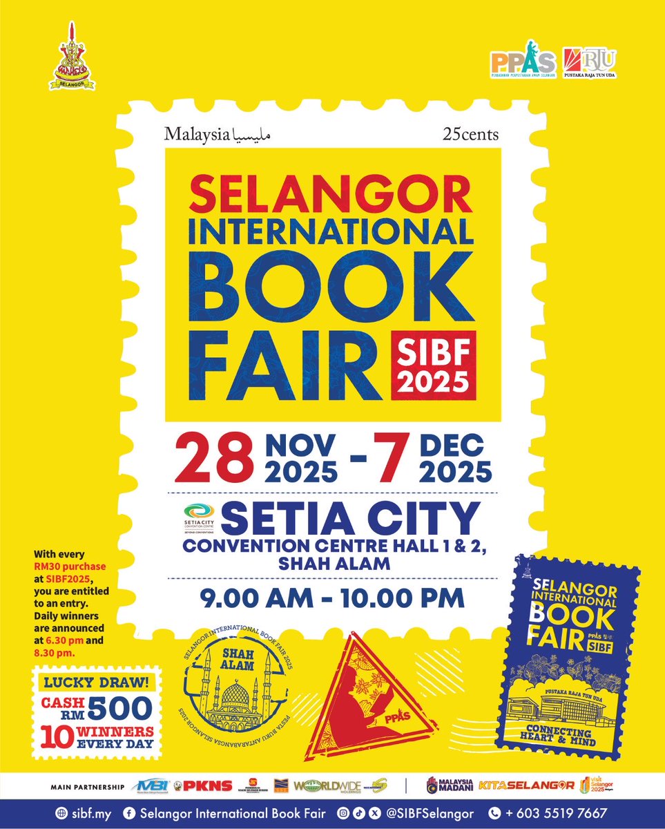 SelangorLibrary's tweet photo. Kiraan hari ke SIBF 2025 secara rasmi bermula!

28 Nov – 7 Dis 2025 9.00 pagi – 10.00 malam
Setia City Convention Centre
 Cabutan Bertuah Harian: RM500 untuk 10 pemenang setiap hari. 
Setiap perbelanjaan RM30 = 1 penyertaan. 

🌐 https://t.co/wMhdrYBEKN https://t.co/XTrNBzEIQe