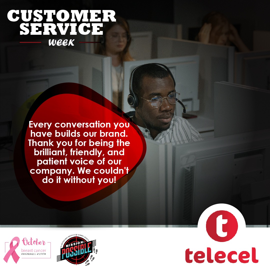 Telecel_Zim's tweet photo. To the team that turns challenges into loyalty: You solve challenges, provide solutions and deliver smiles everyday. Thank you!
#CustomerSeviceWeek
#Tellsomeone https://t.co/eIMTD2FopV