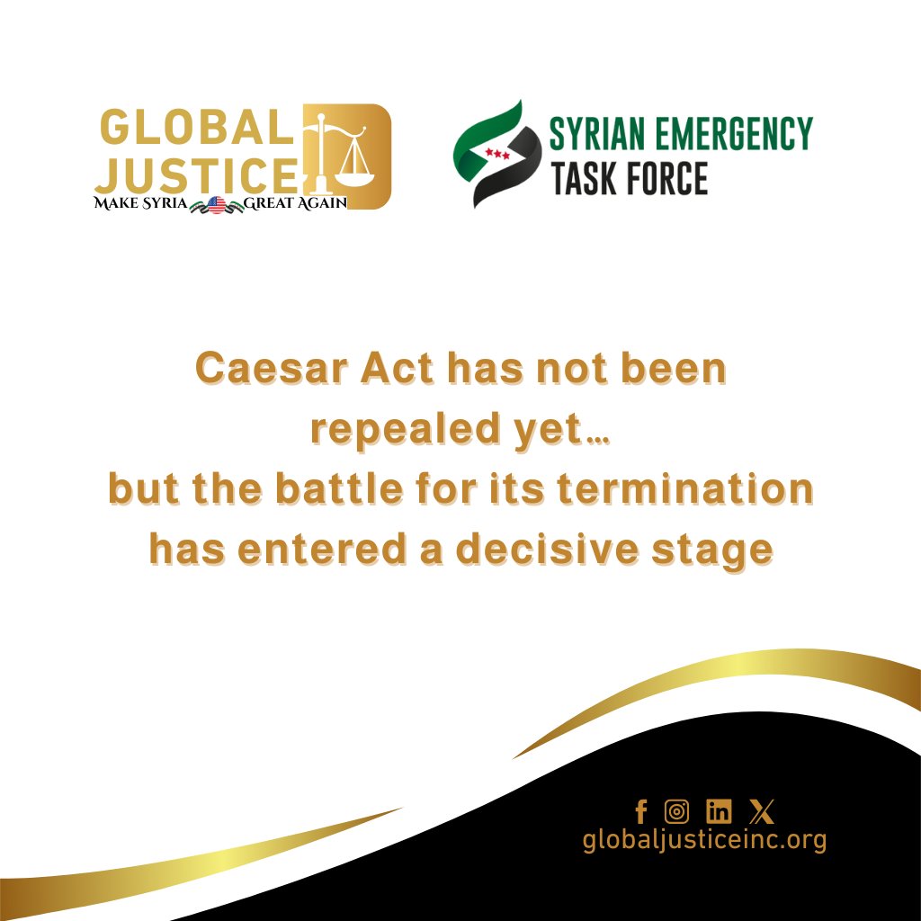 Caesar Act has not been repealed yet… but the battle for its termination has entered a decisive stage.
The fight continues to fully repeal the Caesar Act, a fundamental move for Syria’s future, reconstruction, and ending harmful sanctions.
#CaesarAct
#RepealCaesarAct
#SETF
