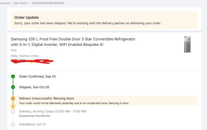 sv31786's tweet photo. @Flipkart  Deliverying since 9th Oct but can't make due to heavy load #bigbilliondays. Yeah refrigerators are heavy and not all buildings in Mumbai got lifts. Will your delivery person keep harassing customers then? https://t.co/0SJJExZRde