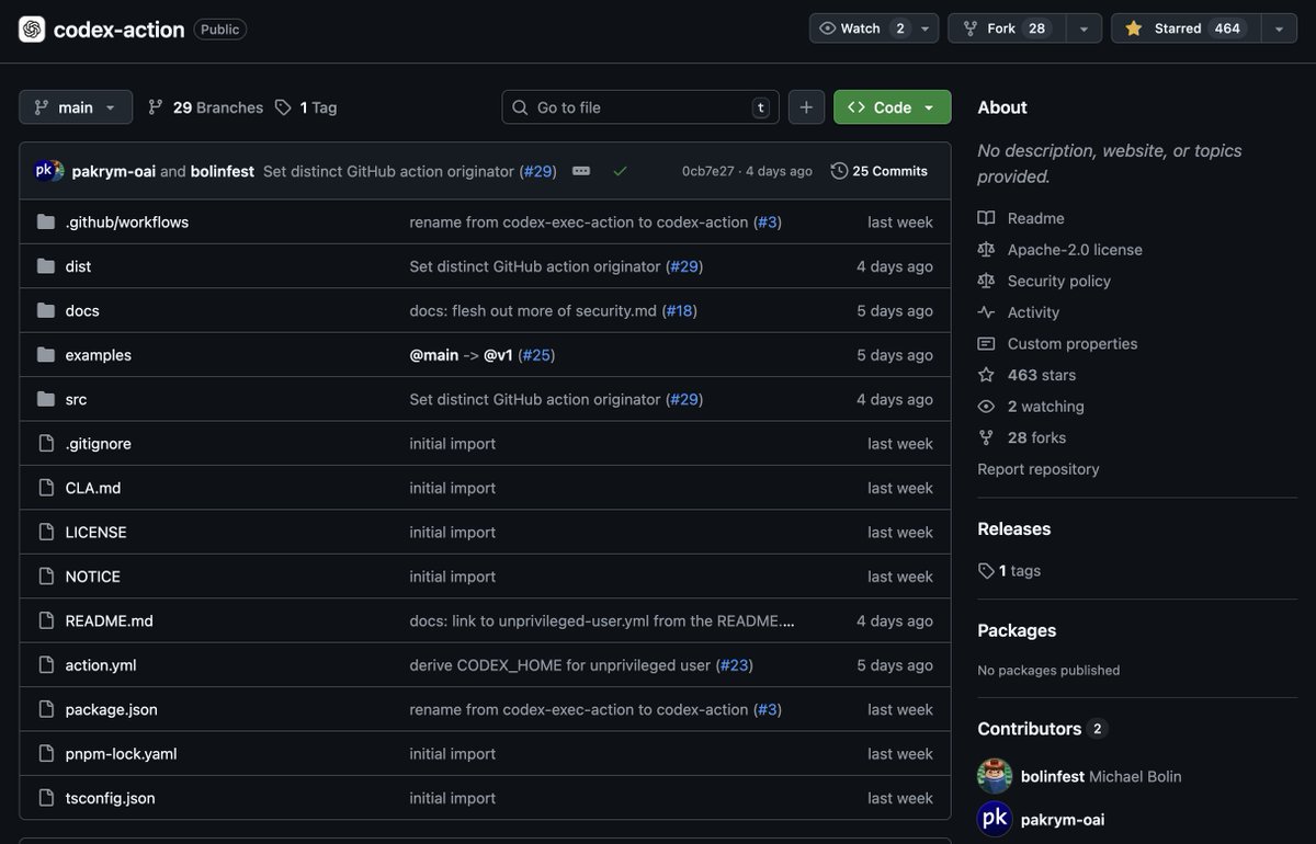 TIL <a href="/OpenAI/">OpenAI</a> now has a GitHub action for Codex, similar to Claude Code

This lets you invoke Codex in a more controlled way in your repos

You must still pay API prices though. Let's see if OpenAI will introduce a way to connect your Pro plan, like in <a href="/AnthropicAI/">Anthropic</a> paid plans