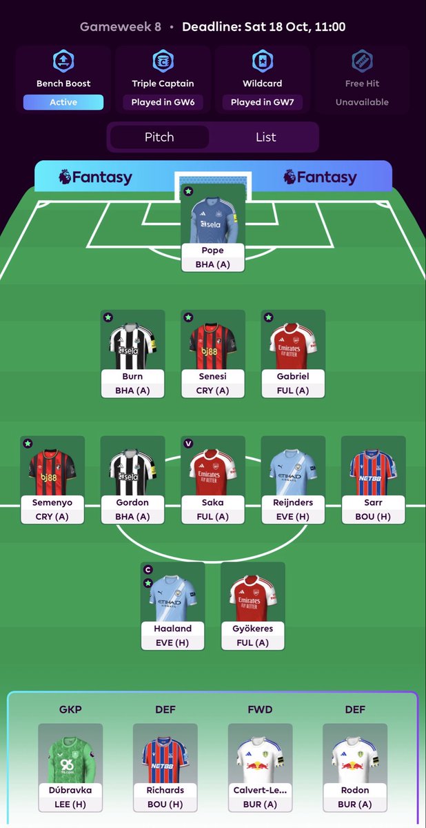 Week to go and bench boost intact, no injuries please lads.