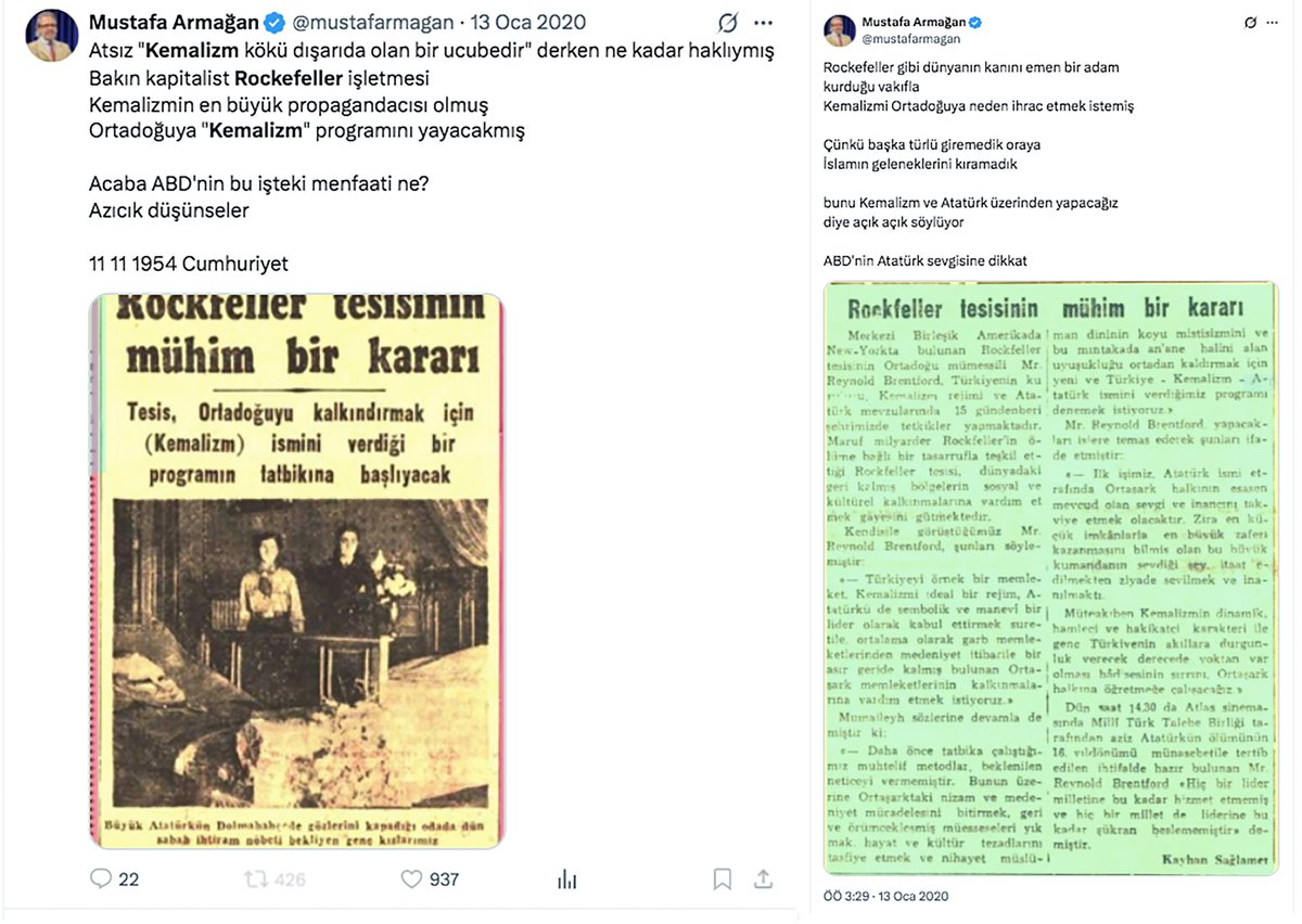 1- Kemalizm'in "kökü dışarda bir ucube" olduğu; en büyük propagandacısının dünyanın kanını emen Rockefeller olduğu; Kemalizm'in Rockefeller Vakfı'nca  Ortadoğu'ya yayıldığı ve bu durumun 11.11.1954 günlü Cumhuriyet'te yayımlanan bir haberle kanıtlanmış olduğu ileri sürüldü.