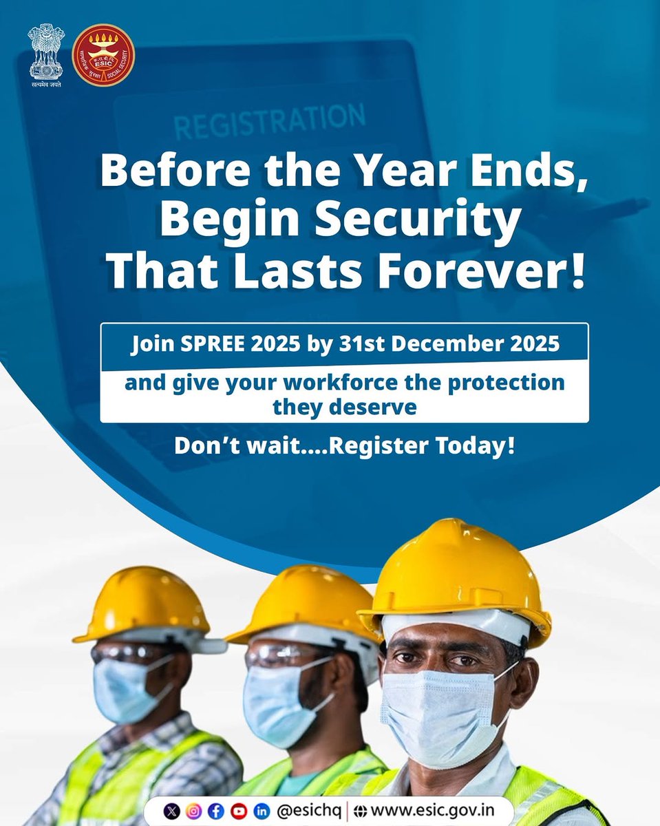 EsicHospitalkkd's tweet image. Empower your workforce before the year ends!   Register for #SPREE2025 by 31st December 2025 to secure health &amp;amp; social protection for your employees. Don’t wait, Register Today!   #ESIC #EmployeeWellBeing #HealthForAll #SocialSecurity
