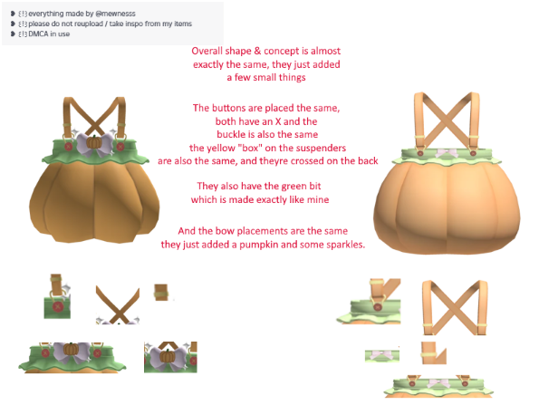 mewnesss's tweet image. Had some disappointing interactions with Robloxs&apos; DMCA system lately. 
Both cases were declined &quot;significantly differs from your content&quot; 
Its clear my items were used as inspo. They arent 1:1, but i&apos;m sure this cant be a coincidence. 
Dmcas feel pointless now ngl. #robloxugc