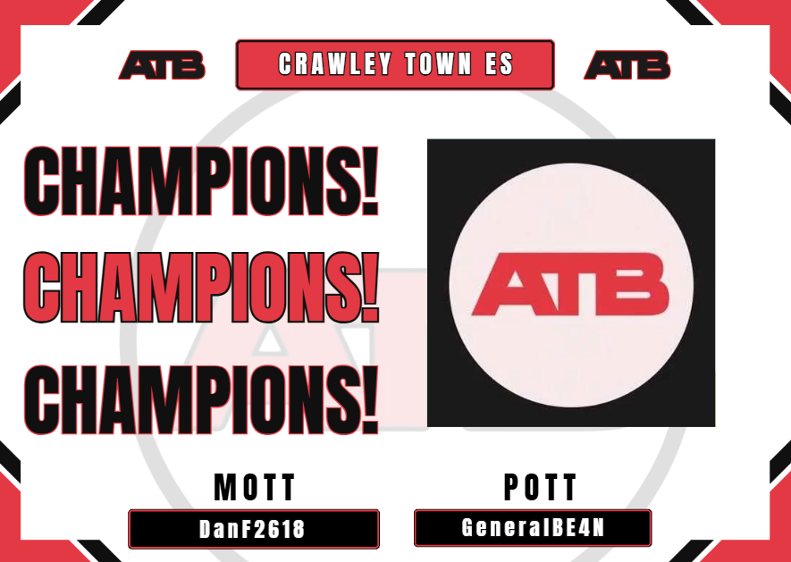 🏆| ATB RESULTS!🏆 
📅| Date: 9/10/25
⚽️| Size: 32 Teams (Side A)
 ————————— 
🥇Crawley Town Es
🥈VFL Las Plamas

🏁- Score - 3-2

👔MOTT - DanF2618
⭐️POTT -GeneralBE4N
————————-
Thanks once again to all who participated!
#ATB #FC26 #eSports #11v11 #proclubs