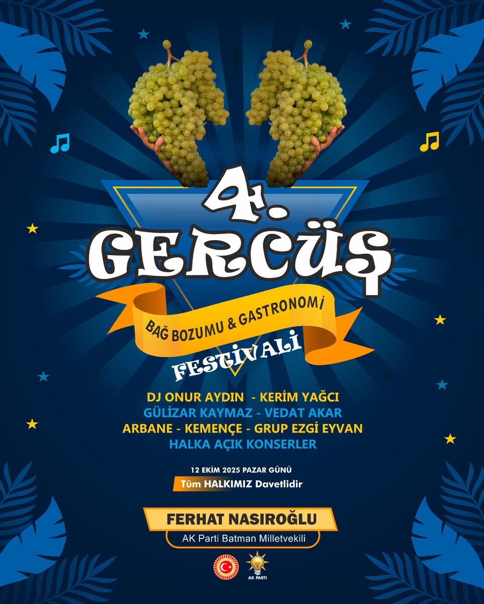 4. GERCÜŞ BAĞ BOZUMU &amp; GASTRONOMİ FESTİVALİ

Gercüş’ün bereketi, kültürü ve samimiyeti bu festivalde buluşuyor. 

Bağ bozumunun bereketini, sofralarımızın lezzetini birlikte paylaşalım! 

📍 Gercüş
🗓️ 12 Ekim 2025 Pazar