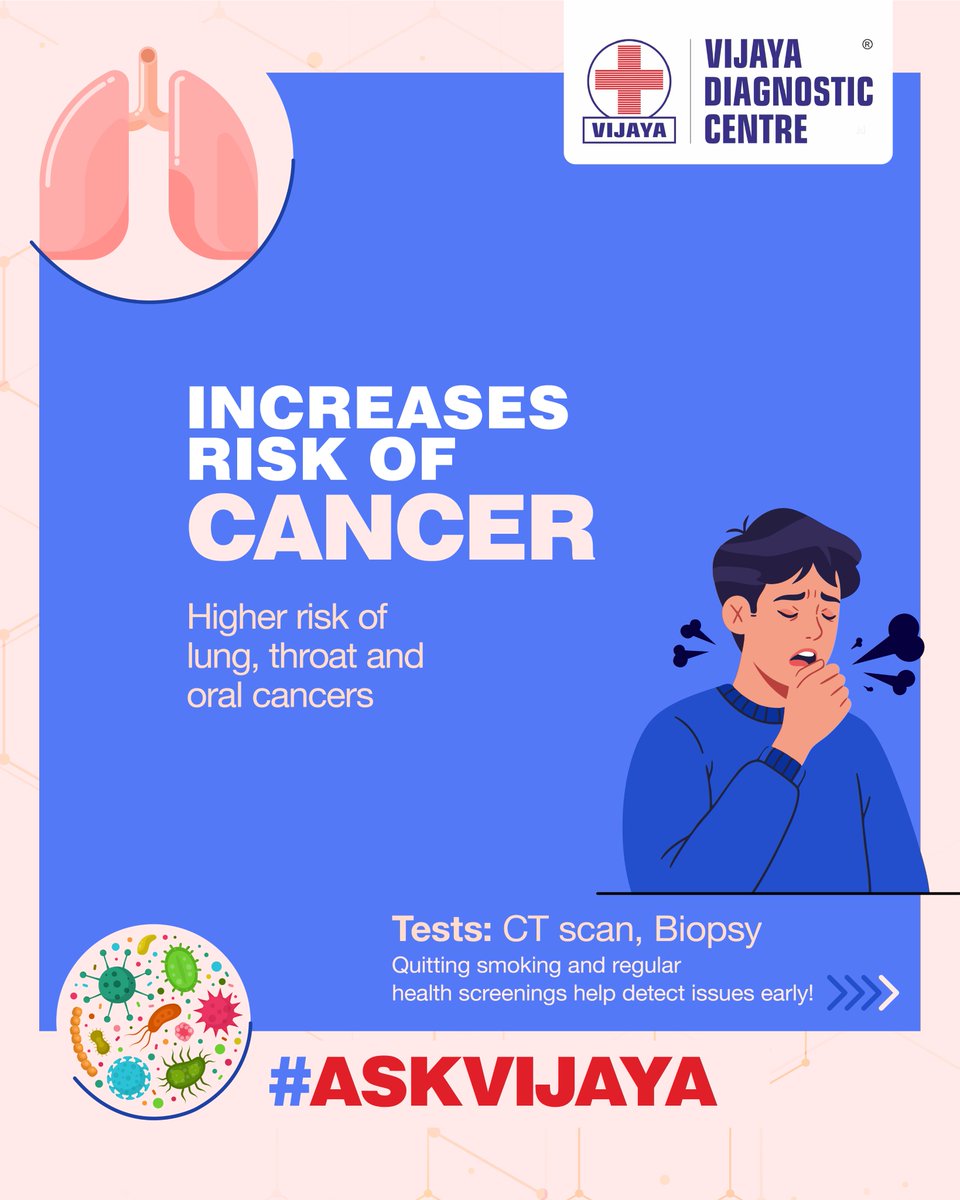 Smoking harms more than just your lungs. It affects your heart, blood vessels and overall health. Stay one step ahead with regular screenings and make every breath count.

#AskVijaya #VijayaDiagnosticCentre #HealthAwareness #QuitSmoking #HealthyLiving #PreventiveCare #LungHealth