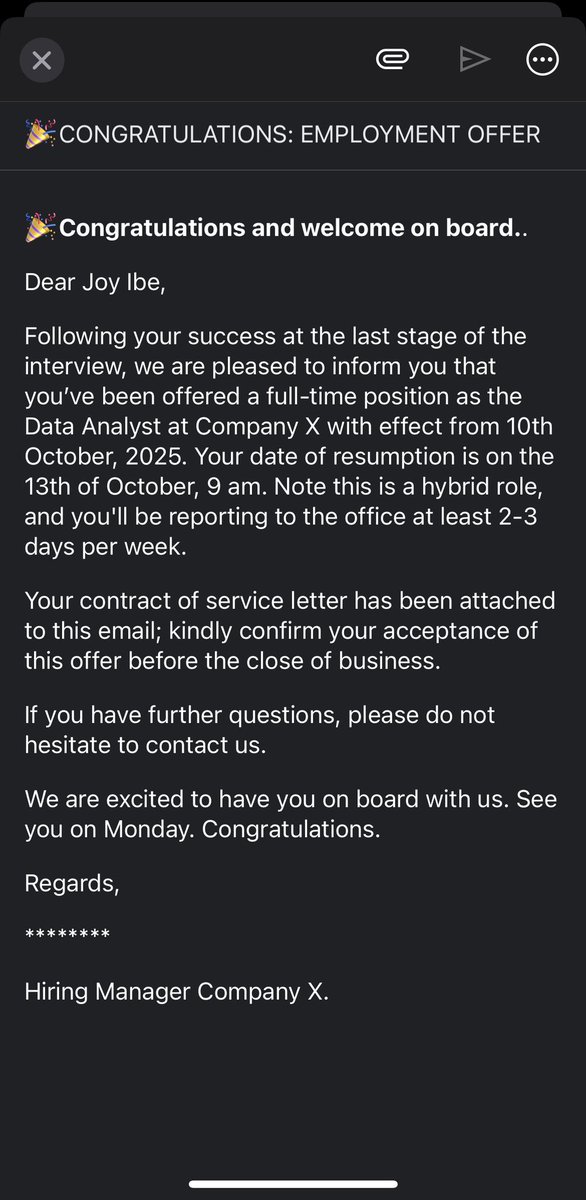 joyibe_'s tweet image. I wrote it into existence!

Got my offer letter on the same day I wrote, 10th, resume 13th October and it’s a hybrid role. 

My exact description to God 🤣

Who said there’s no God!

What I wrote   ⬇️