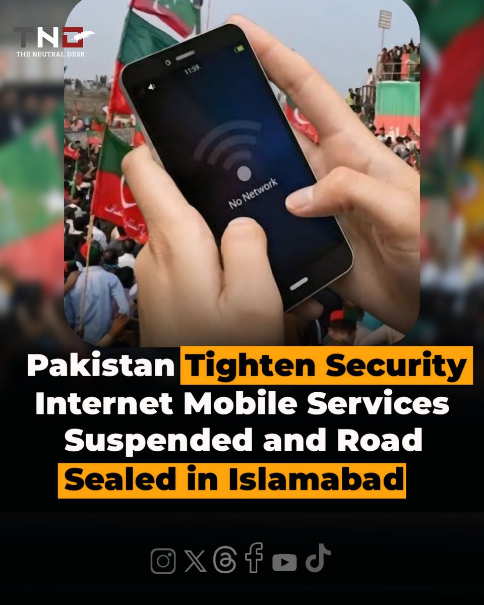 TheNeutralDesk's tweet photo. Islamabad and Rawalpindi are under a tight security lockdown with roads sealed and mobile internet services suspended. The government is taking precautionary measures to manage a planned protest march, causing major traffic disruptions. #Pakistan #Islamabad #Security https://t.co/z6a5CUxDtU