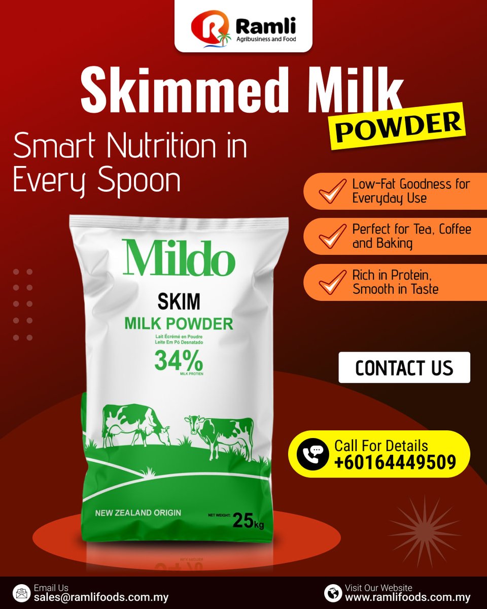 RamliFoods's tweet image. 🥛✨ Mildo Skim Milk Powder: Smart Nutrition in Every Spoon! ✨

Low-fat, high-protein, and perfect for tea, coffee, and baking! 🍵☕
📞 +60164449509
🌐 ramlifoods.com.my

#SkimMilkPowder #LowFatMilk #HealthyLiving #MilkProtein #BakingEssentials #TeaCoffeeMilk #MilkPowder