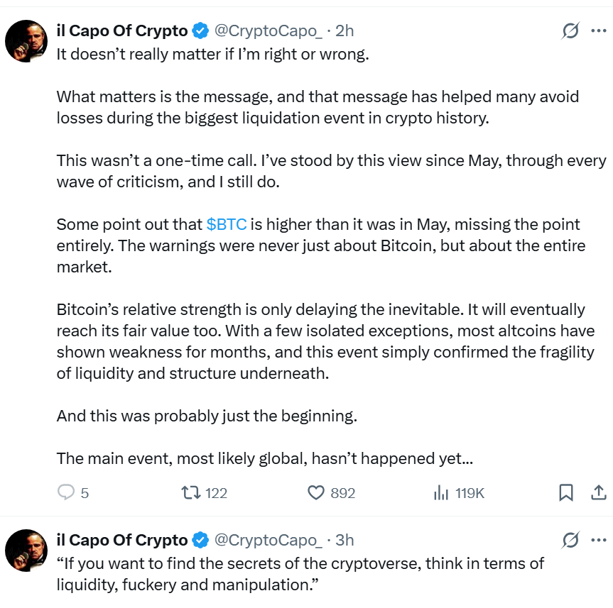 Anbessa100's tweet photo. CT has a talent for giving attention to exactly the wrong people. By now most know it’s basically a parody account, but he’s not the only paper trader wrecking the herd. Others hide their Mr Satan better, but are the same kind of engagement farmers. 

Missing out on an entire bull market and the massive profits that could’ve been made just to dodge a single liquidation day, even one with record numbers, isn’t a strategy. Prices are still way higher btw. 

Posts like this one might be amusing for experienced traders, but retail following these crash prophets or weekly altseason callers and permabulls will get hurt. Nothing personal though, I hope he uses his reach better in future.

Stay safe, don't get affected by nice write ups fugazi.
