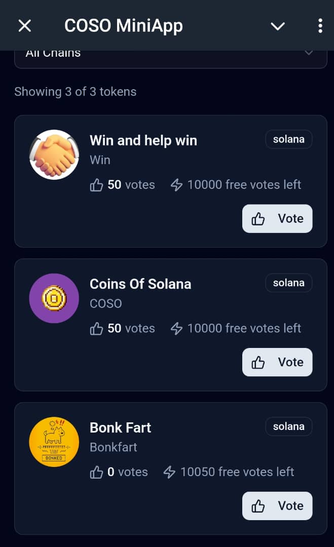 COSO BOT UPDATE

Yesterday, we enabled free 50 votes for everyone, but now we’ve added a voting boost feature using COSO tokens — meaning you can now vote up to 10,000 votes.

This is one of the first utilities of the COSO token. Anyone can request to list their token for free,