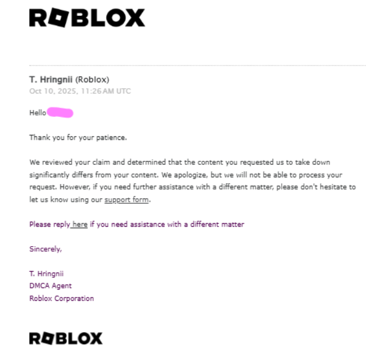 mewnesss's tweet image. Had some disappointing interactions with Robloxs&apos; DMCA system lately. 
Both cases were declined &quot;significantly differs from your content&quot; 
Its clear my items were used as inspo. They arent 1:1, but i&apos;m sure this cant be a coincidence. 
Dmcas feel pointless now ngl. #robloxugc