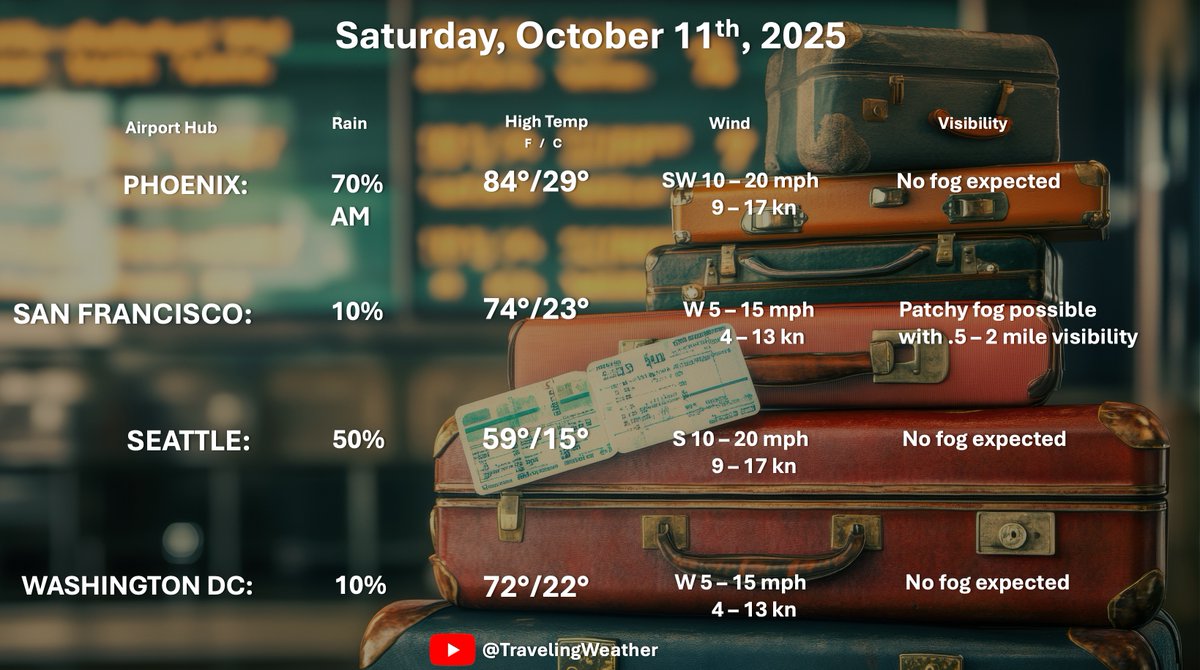 JamesVanFleet's tweet image. On a plane or about to be? Here is your #travel #weather #forecast for the #US #Airport Hubs for #Saturday. #Phoenix will continue to have strong #thunderstorms, and severe weather with #flashflooding. This risk will last through late #Monday/early #Tuesday. Full briefing for…