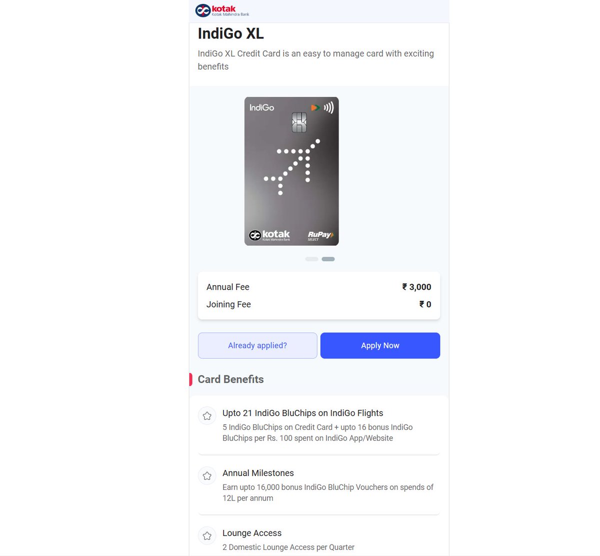 ProfessorCardz's tweet image. Kotak Indigo XL is being offered First Year Free. 

Apply here (Not in affiliate and came in email) onboarding.kotak.com/cc/card-detail…

Repost and Like if you are eligible.

#ccgeeks #creditcards
