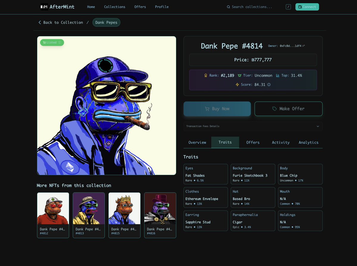 BasedUnleashed's tweet image. If you like the blue color, this Dank Pepe NFT could be yours for 777,777 $Based, as listed by the owner. 

Or make an offer.  𝔹

aftermint.trade/nft/0x92c2075F…