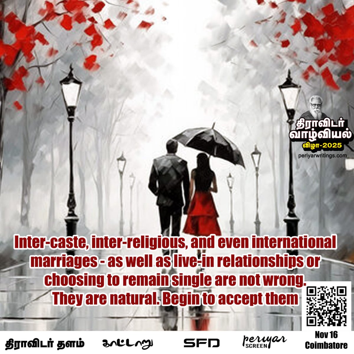 PeriyarScreen's tweet image. Inter-caste, inter-religious, and even international marriages—as well as live-in relationships or choosing to remain single—are not wrong. They are natural. Begin to accept them.

#DravidianLifestyleFest_2025 #DravidarThalam #SFD #Kaattaaru #PeriyarScreen