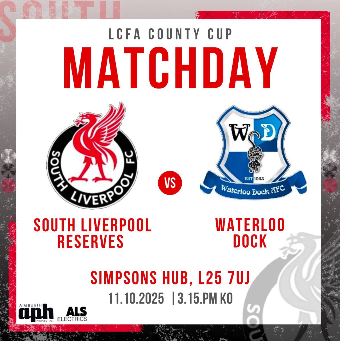 After storm Amy cancelled last week’s game, we go again today. It’s county cup action for us and we come up against Liverpool County Prem side, Waterloo Dock. It’s a 3:15 KO! Come on the South⚪️⚫️🔴

📆 11.10.25
⚽️ Waterloo Dock
🏆 LCFA Challenge Cup
⏱️ 15:15
📌 Simpsons