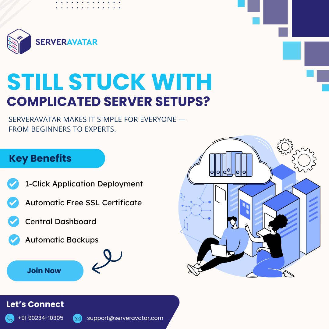 ServerAvatar's tweet image. 🚀Tired of spending hours managing servers?
ServerAvatar automates everything — from server setup to app deployment. Turn complex tasks into a few clicks and manage it all from a single dashboard.

#ServerAvatar #ServerManagement #CloudHosting