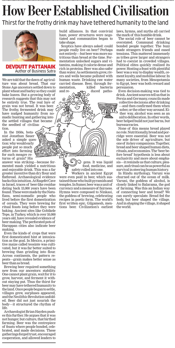 devduttmyth's tweet image. We are told that our Stone Age ancestors settled down to plant wheat & barley so they could bake loaves. But a growing body of research suggests that this may not be entirely true. The real lure of grain was not bread. It was beer.
Read more ...
ecoti.in/WJpcPb