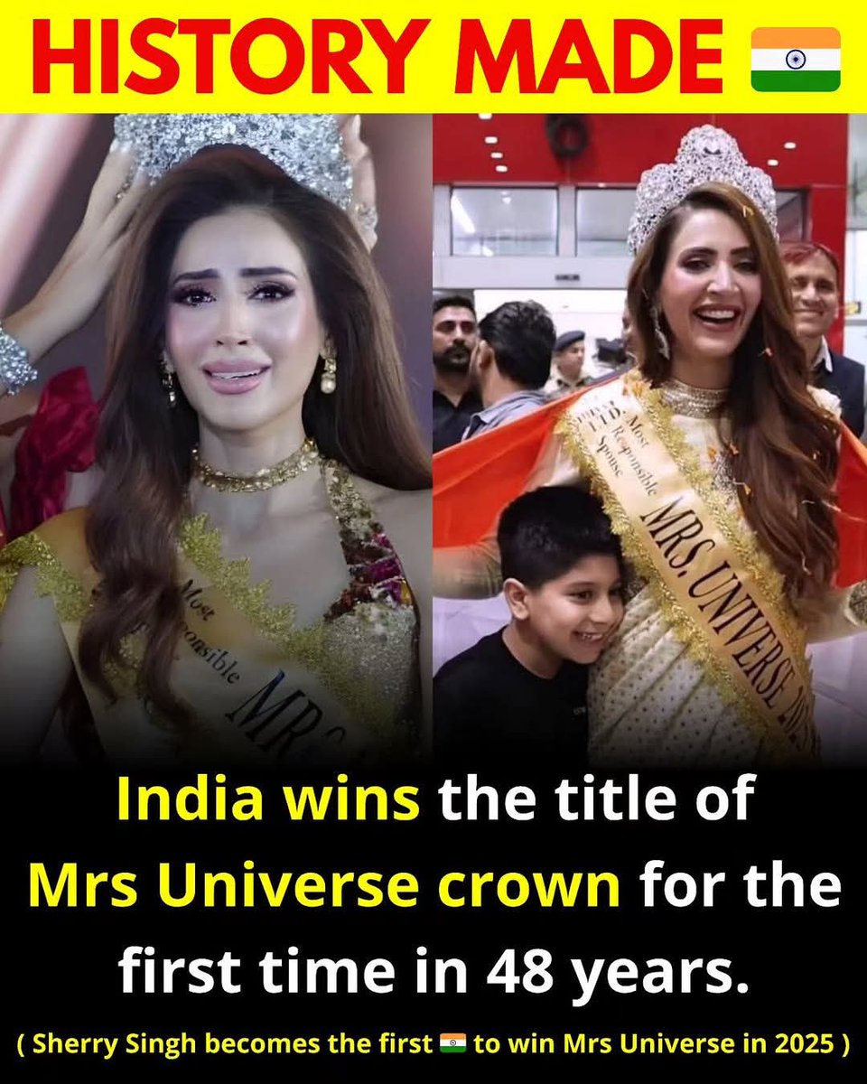 M_Darshan0's tweet image. 🇮🇳 HISTORY MADE!
Sherry Singh brings glory home — India wins the Mrs Universe crown for the first time in 48 years! 👑✨
#MrsUniverse2025 #ProudMoment #IndiaWins #SherrySingh