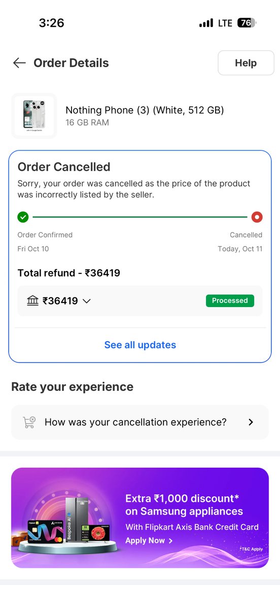 DrWhiteWalker's tweet photo. Ordered a Nothing Phone 3, it got shipped and then Shameless @Flipkart  cancelled order on its own. #FlipkartScam fooling Indians. Help please! @GyanTherapy @amazonIN @GoI_MeitY @jagograhakjago @Cyberdost @nsitharaman https://t.co/4wQA6EpmMH