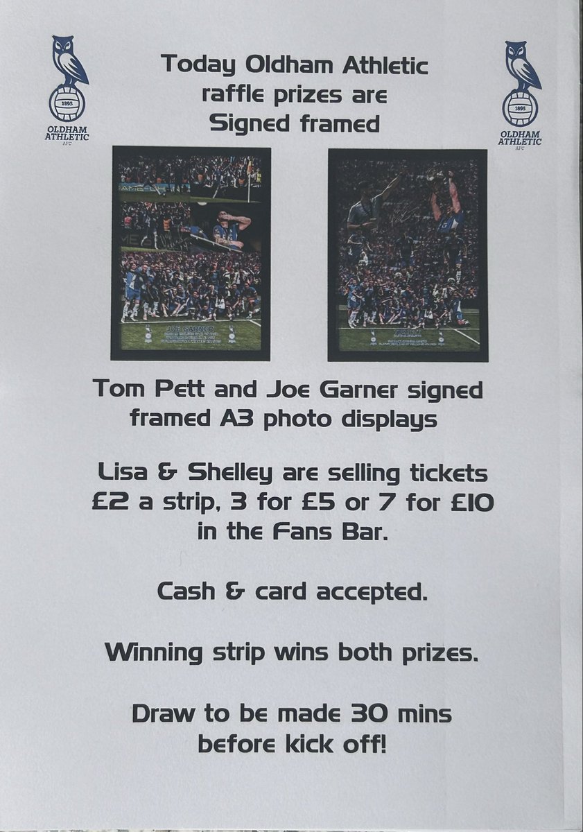 MickBraddy's tweet image. Todays @OfficialOAFC raffle in the fans bar #oafc
Signed framed A3 displays of Wembley mom Tom Pett & goal scorer Joe Garner.
Lisa & Shelley selling tickets £2 a strip, 3 for £5 or 7 for £10 in the fans bar based near the entrance. Winning strip wins both prizes. Draw is 5pm