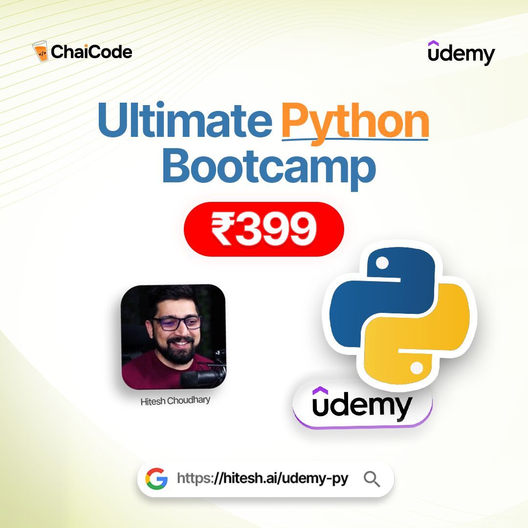 Hiteshdotcom's tweet image. 🚀 Kickstart your Python journey at just ₹399! 💻✨
Get "The Ultimate Python Bootcamp: Learn by Building 50 Projects " on Udemy with this exclusive coupon! 🔥
🎟️ Code: CODEDIWALI
⏳ Valid for 5 days only!
Don’t miss out—enroll now!
#Python #UdemyCourse #PythonCourse…