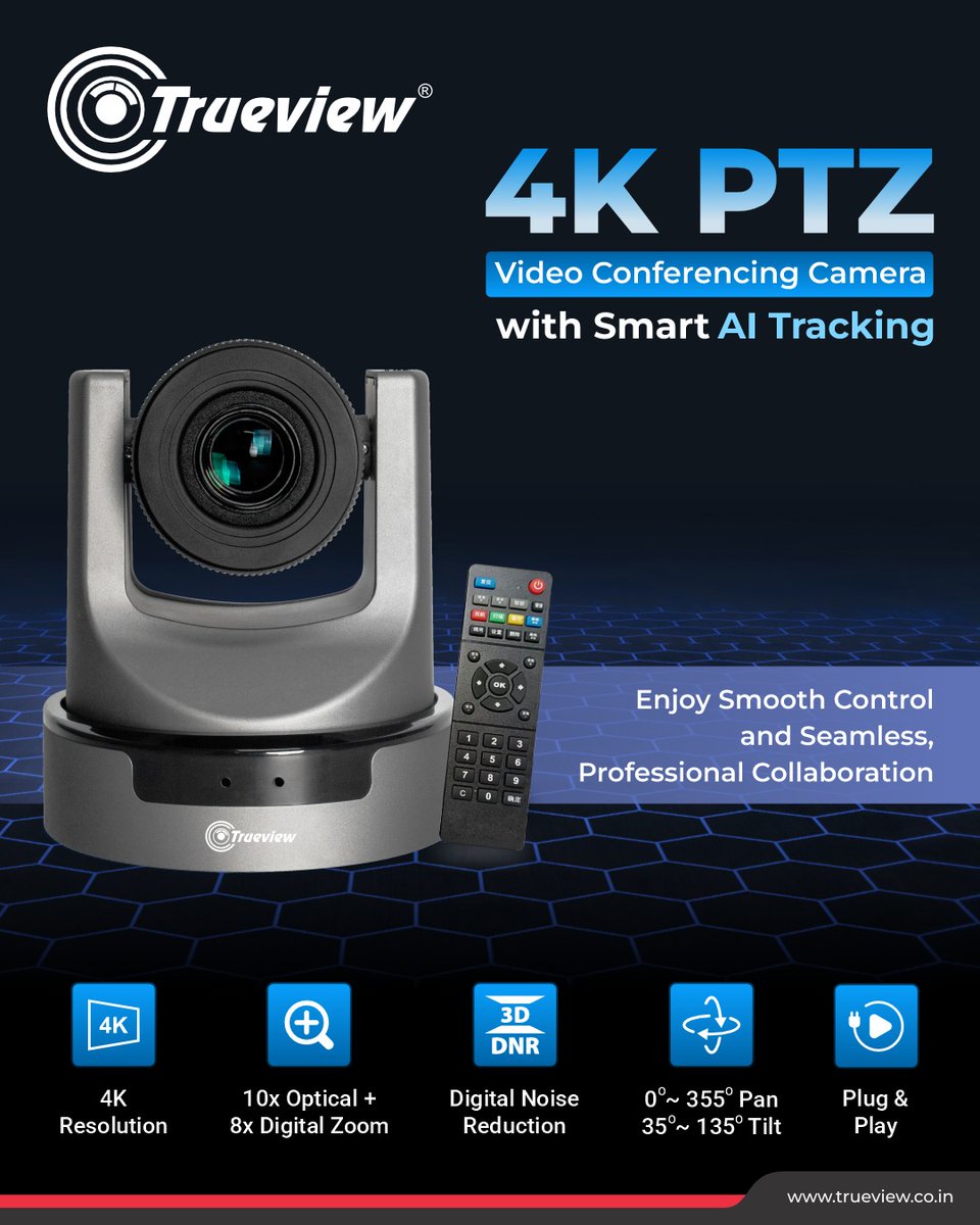 Trueview_India's tweet image. Meetings just got a major upgrade! ✨️

Our 4K PTZ Camera automatically follows you with Smart AI Tracking, gives crystal-clear 4K video, and works right out of the box. No hassle just plug, play, and shine on screen.

#Trueview #4KCamera #PTZCamera #VideoCall #OnlineMeeting