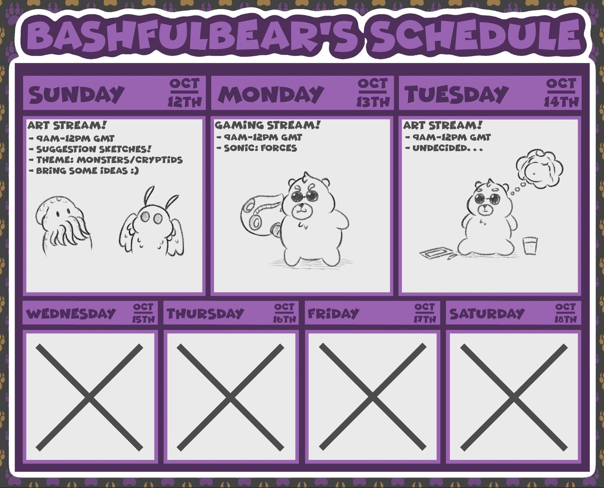 𝗦𝗰𝗵𝗲𝗱𝘂𝗹𝗲 𝗳𝗼𝗿 𝘁𝗵𝗶𝘀 𝘄𝗲𝗲𝗸! 
I’ll try my best to update the schedule every week.