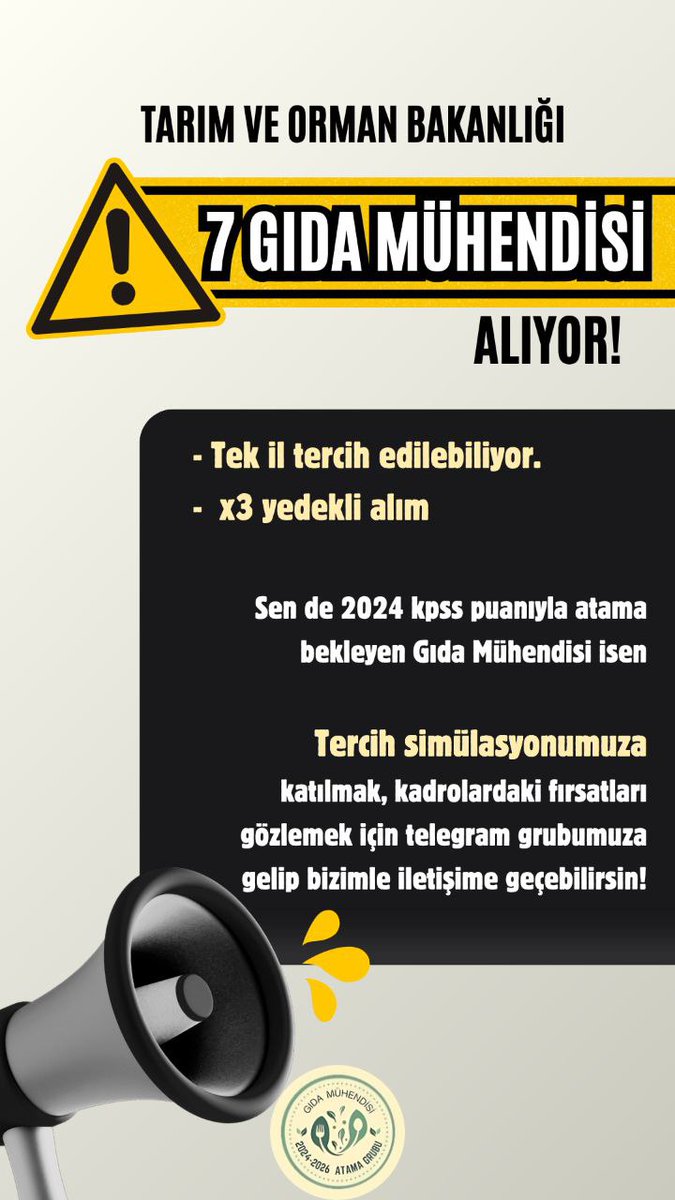 Tarım ve Orman Bakanlığı 7 Gıda Mühendisi alıyor ❗️❕️❗️
Tercih simülasyonunuza katılıp bilinçli tercih yapmak için 👇 t.me/Gidamuhendisia…
Telegram grubumuza katılıp yöneticilerle iletişime geçebilirsin. *Grubumuz ücretsizdir